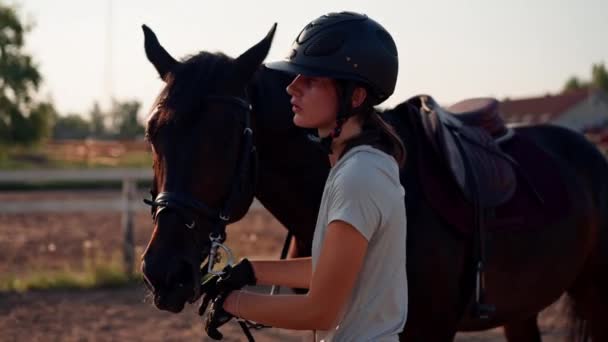 Samica Jeźdźca Profesjonalnym Mundurze Prowadzi Swojego Pięknego Czarnego Konia Przez — Wideo stockowe