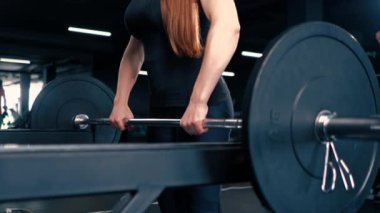 Konsantre bir fitness kadınının portresi. Spor salonunda halterle ağırlık çalışması yapıyor. Kas gruplarında.