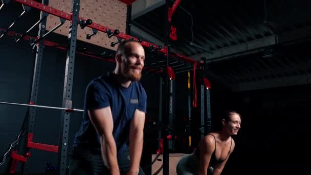 Young Athletes Conduct Group Training Gym Exercises Kettlebells Prepare Competition — Stock Video