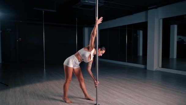 Flexibel Flicka Gör Gymnastiska Övningar Stång För Stretching Vacker Sexig Stockvideo