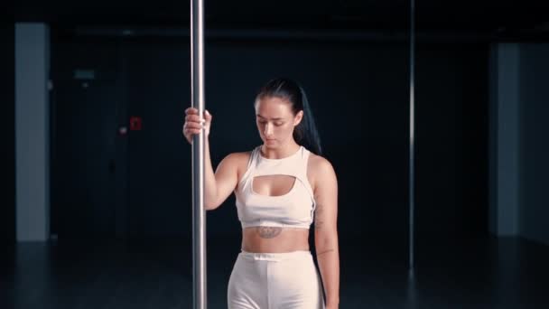 Flexibilní Dívka Dělá Gymnastická Cvičení Tyči Pro Strečink Krásná Sexy — Stock video