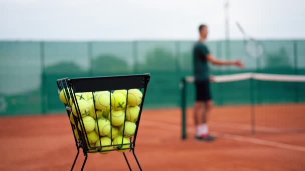 Close Many Tennis Balls Lying Basket Court Competition Training Sport — Stock Video