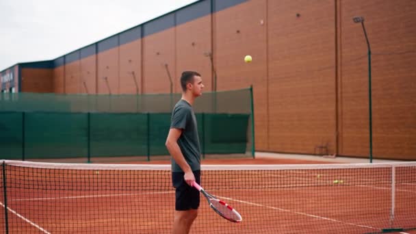 Young Tennis Player Coach Hitting Ball Racket Tennis Court Preparing — Stock Video