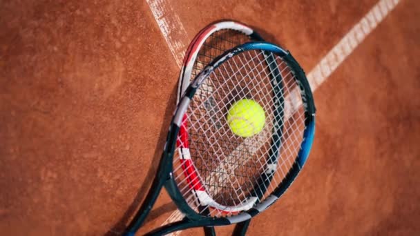Függőleges Videó Közelkép Sportfelszerelések Tenisz Ütők Labdák Fekszik Egy Szabadtéri — Stock videók