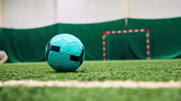 足球运动员在足球比赛中为了点球或进球或在绿草上传球而脚踢球的特写 — 图库视频影像
