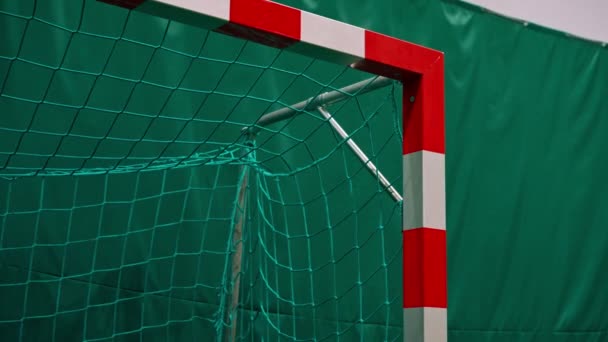 Nahaufnahme Fußballer Schießt Ein Tor Mit Dem Ball Ins Tor — Stockvideo