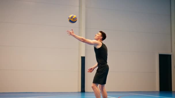 Young Pumped Guy Sportsman Prepares Serve Ball Volleyball Game Match — Stock Video
