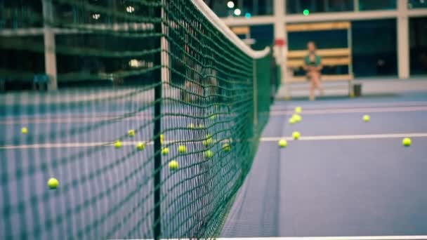 Много Теннисных Мячей Лежат Рядом Сетью Закрытом Синем Корте Игры — стоковое видео