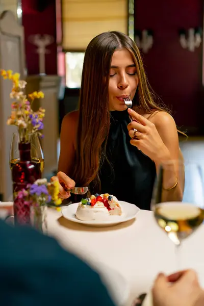 Close Cute Young Girl Eating Delicious Dessert Cake Date Italian — Stock Photo, Image