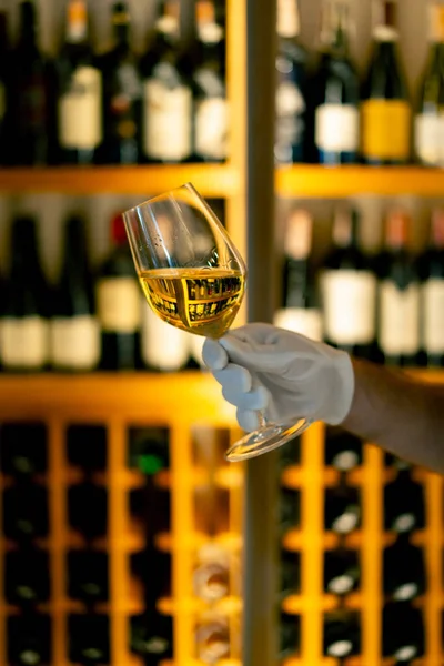 Close Wine Glass Held Sommelier Italian Restaurant Background Wine Shelf — Stock Photo, Image