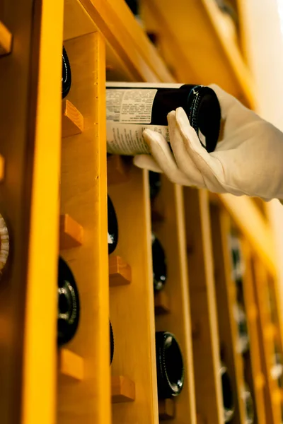 Close Waiter Hand Taking Bottle Wine Wine Shelf Italian Restaurant — Stock Photo, Image