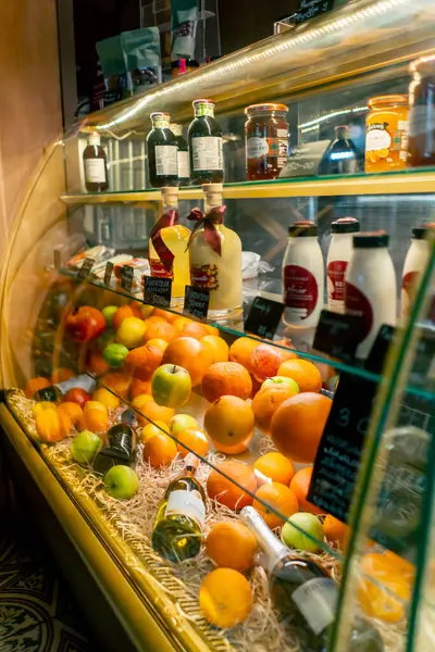 Close Refrigerators Fruit Drinks Italian Restaurant Concept Love Cocktails — Stock Photo, Image