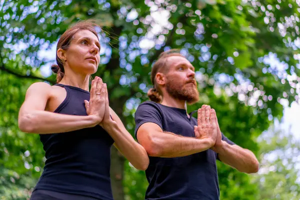 Şehir parkında yoga yapan bir çiftin portresi namaste hareketleriyle meditasyon egzersizleri yapıyor insanlar zihinsel ve ruhsal sağlığa odaklanıyor.