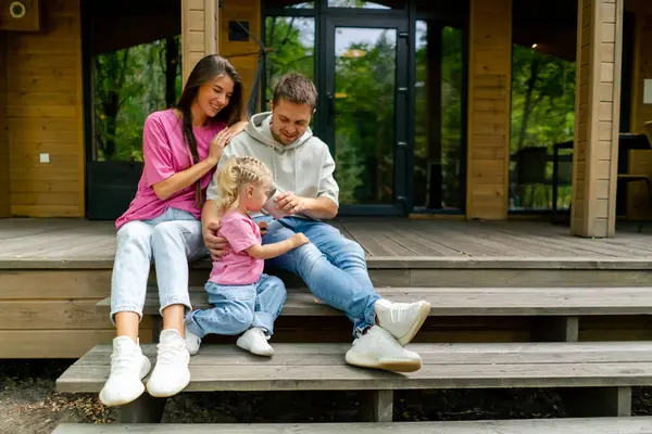 Young Family Man Woman Rejoicing Purchase Own Wooden House Forest — Stock Photo, Image