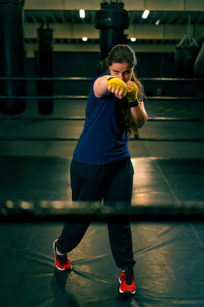 Portrait Focused Boxer Girl Yellow Boxing Bandages Standing Boxing Stance — Stock Photo, Image