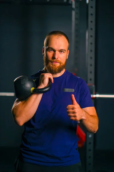 Portrait Satisfied Athlete Gym Workout Man Shows Super Sign His — Stock Photo, Image