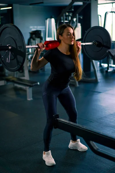 Portret Van Een Geconcentreerde Fitnessvrouw Die Een Zware Schouderpersoefening Doet — Stockfoto