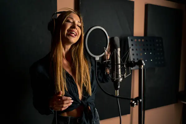 Girl Singer Singing Recording Studio Headphones Front Microphone Create New — Stock Photo, Image