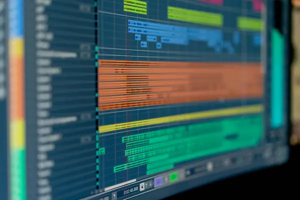 Yeni bir ses müziğini karıştırmak için ses parçalarını gösteren bir ses mühendisinin bilgisayar monitörü ekranı