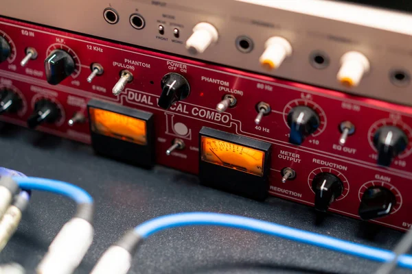 Close Buttons Control System Red Microphone Preamplifier Recording Music Studio — Stock Photo, Image