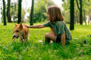 Parkta gezen küçük bir kız en sevdiği kırmızı tüylü köpeğiyle ve onun arkadaşlığı için endişeleniyor.