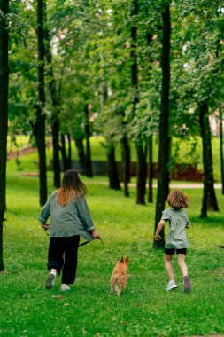Arkaya bakan aile kızı ve kırmızı köpeğiyle parkta yürüyen genç anne mutlu çocukluk aşk hayvanları.