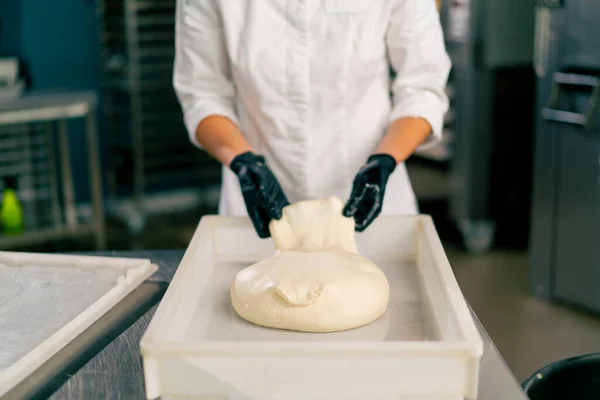 Close Female Hands Gloves Putting Dough Bread Shape Baking Sheet — Stock Photo, Image