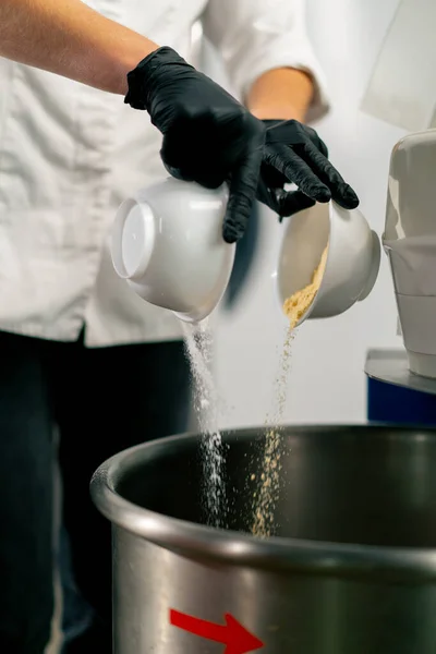 Close Female Baker White Chef Tunic Pouring Flour Prepare Bake — Stock Photo, Image