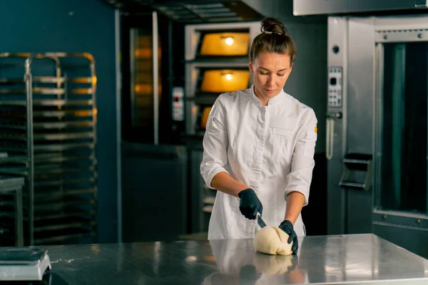 Professional Female Baker Kitchen Forms Dough Perfect Bread Shape Sale — Stock Photo, Image