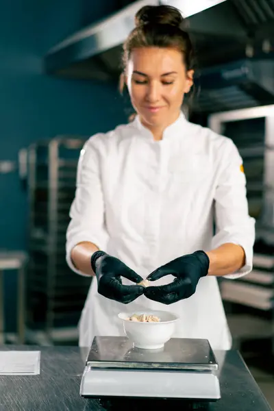 Female Baker White Chef Tunic Kneads Dough Prepare Bake Bread — Stock Photo, Image