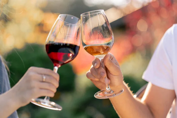 Close-up shot of a man and woman\'s hands holding glasses of different types of wine and clinking glasses on a grape plantation