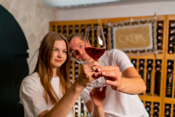 Couple Young Man Woman Tasting Different Types Wine Together Underground — Stock Photo, Image