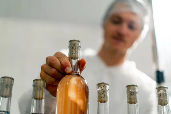 Close Shot Male Technologist Taking Bottle Wine Bottling Line Check — Stock Photo, Image