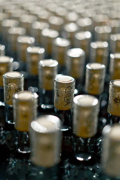 ワイナリーのセラーに貯蔵された箱に木製のストッパーが付いている老化したワインのボトルのクローズアップショット — ストック写真