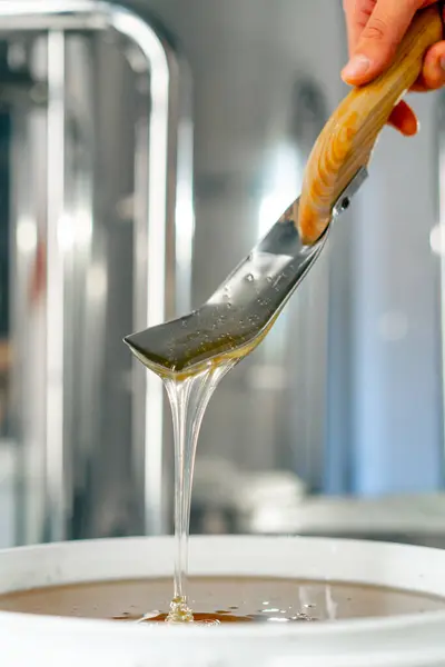 Nahaufnahme Eines Metalllöffels Der Natürlichen Flüssigen Honig Rührt Der Eine — Stockfoto
