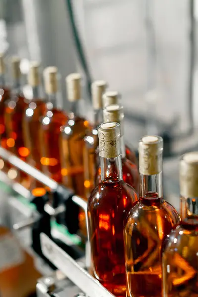 Närbild Skott Förseglade Flaskor Fyllda Med Vin Reser Längs Förpackningslinjen — Stockfoto