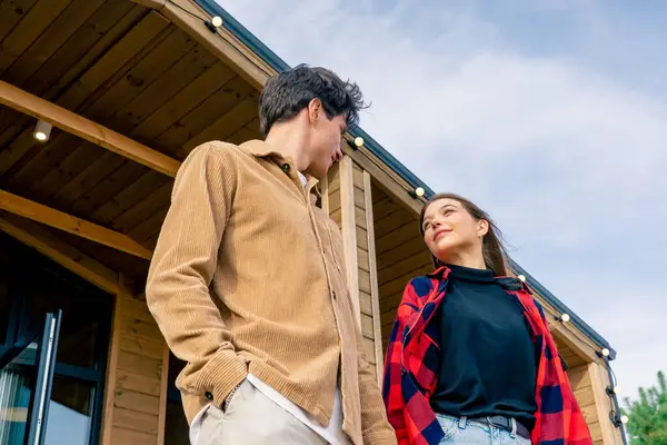 Young Guy Girl Love Holding Hands Out Terrace Wooden House — Stock Photo, Image
