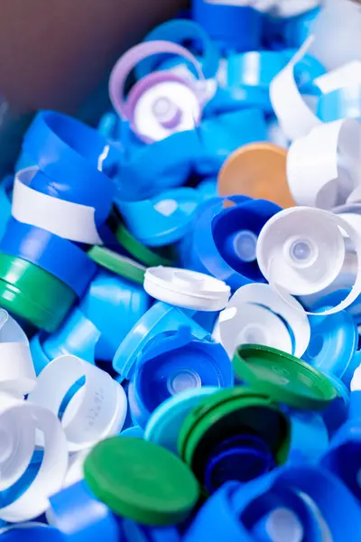 Close Shot Multi Colored Caps Used Bottles Stored Recycling Waste — Stock Photo, Image