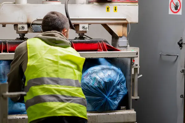 Shot Back Recycling Plant Employee Uniform Putting Bags Garbage Special — Stock Photo, Image