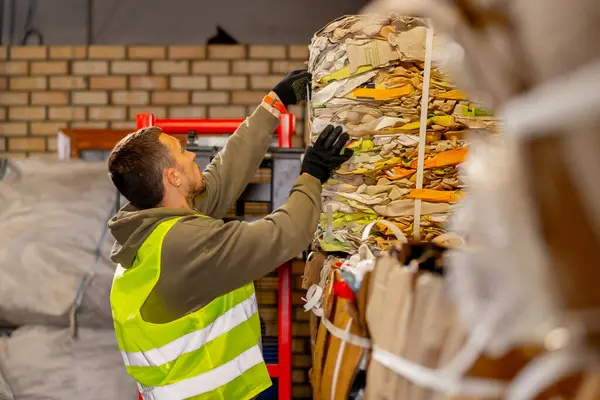 Seorang Karyawan Laki Laki Yang Menggunakan Stacker Mengeluarkan Kotak Kertas — Stok Foto