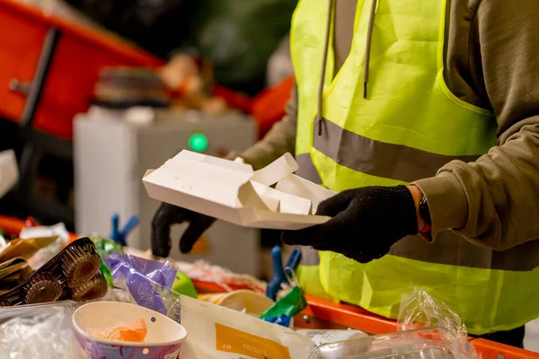 Hands Gloves Uniformed Employee Sort Garbage Categories Special Line Waste — Stock Photo, Image