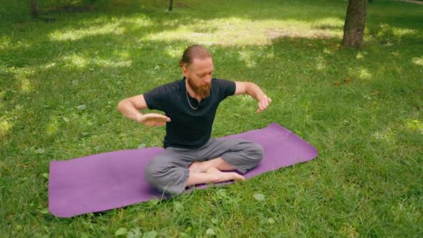 ヨガの健康的なライフスタイルの穏やかな瞑想を実践する蓮の位置に座って公園で瞑想するポートレートハンサムひげ男 — ストック動画