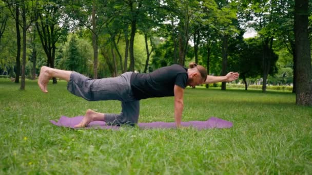 Yakışıklı Sakallı Adam Parkta Meditasyon Yapıyor Yoga Yapıyor Esneme Hareketleri — Stok video