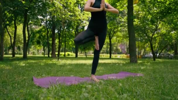 一位经验丰富的女教师在公园里冥想 练习瑜伽 用一条腿伸展身体 锻炼不同的肌肉群 — 图库视频影像
