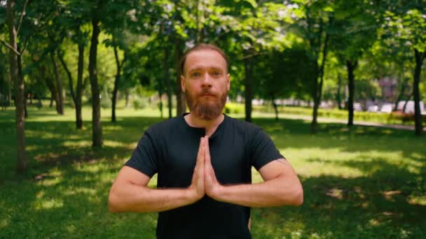 Portrait Bel Homme Barbu Méditant Dans Parc Assis Position Lotus — Video