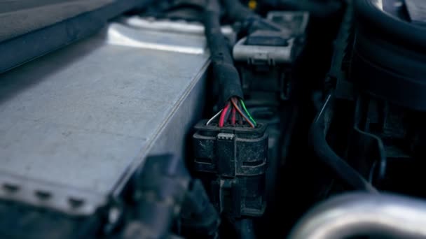 Närbild Detaljer Huven Bilens Batteri Elledningar Olja Fack Bil Reparation — Stockvideo
