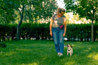 Hayvanat bahçesi psikoloğu ya da antrenörü parkta Jack Russell Terrier ile çalışıyor. Yakınlarda hayvanlarla ilgilenen köpek egzersiz ekibini sosyalleştiriyor.
