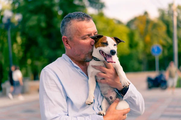 一个留着大胡子的成年人牵着他的小狗杰克罗素特里埃的画像关爱动物的友谊 — 图库照片