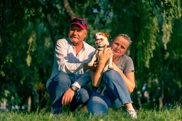 Happy Family Adult Man Woman Walk Jack Russell Terrier Dog — Stock Photo, Image