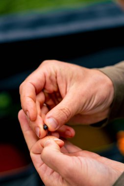 Yakından erkek balıkçının eli, balık yakalamak için oltaya yem takıyor.